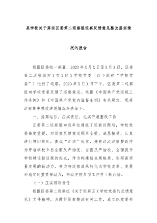 某学校关于落实区委第二巡察组巡察反馈意见整改落实情况的报告
