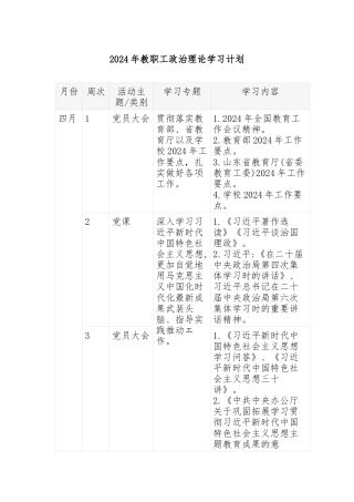 2024年教职工政治理论学习计划