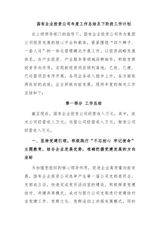 国有企业投资公司年度工作总结及下阶段工作计划