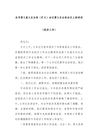 在市委X届X次全体（扩大）会议第X次全体会议上的讲话（经济工作）