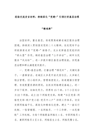 经验交流发言材料：持续深化“党建+”引领打好基层治理“精准牌”