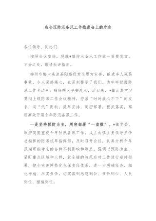 在全区防汛备汛工作推进会上的发言