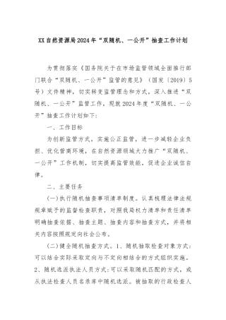 XX自然资源局2024年“双随机、一公开”抽查工作计划
