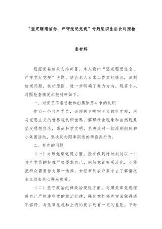 “坚定理想信念，严守党纪党规”专题组织生活会对照检查材料
