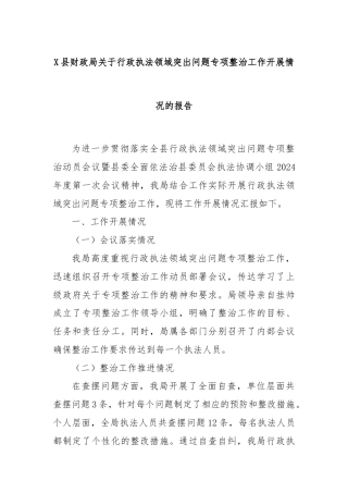 X县财政局关于行政执法领域突出问题专项整治工作开展情况的报告