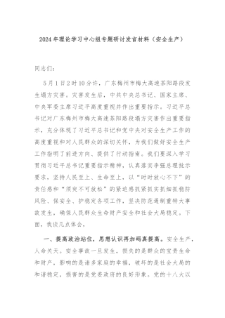 2024年理论学习中心组专题研讨发言材料（安全生产）
