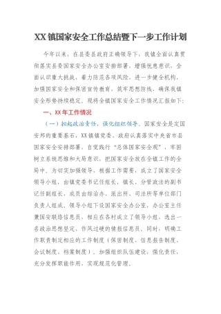 XX镇国家安全工作总结暨下一步工作计划