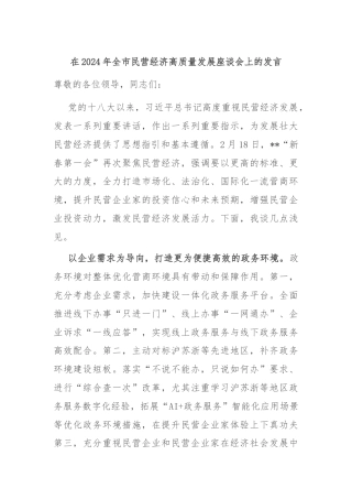 在2024年全市民营经济高质量发展座谈会上的发言