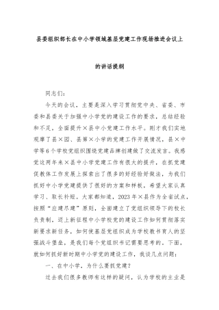 县委组织部长在中小学领域基层党建工作现场推进会议上的讲话提纲