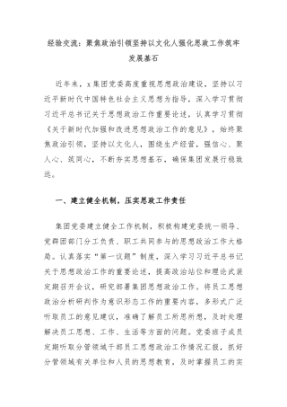 经验交流：聚焦政治引领坚持以文化人强化思政工作筑牢发展基石