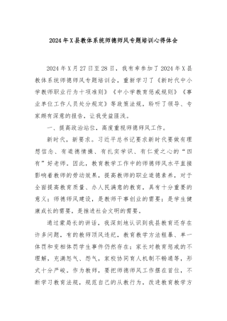 2024年X县教体系统师德师风专题培训心得体会