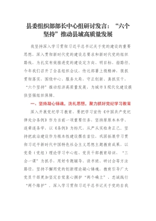 县委组织部部长中心组研讨发言：“六个坚持”推动县域高质量发展