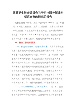 某县卫生健康委员会关于医疗服务领域专项巡察整改情况的报告