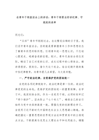 在青年干部座谈会上的讲话：青年干部要当好讲纪律、守规矩的表率