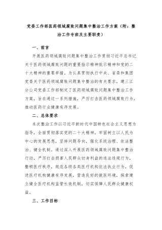 党委工作部医药领域腐败问题集中整治工作方案（附：整治工作专班及主要职责）