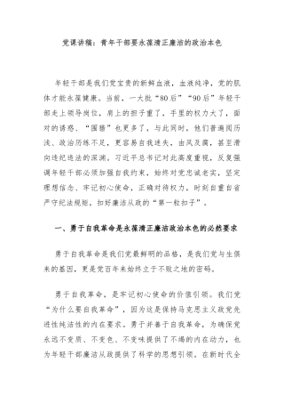 党课讲稿：青年干部要永葆清正廉洁的政治本色
