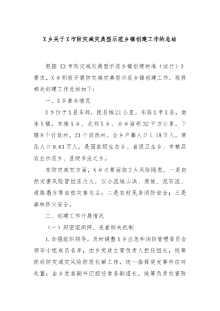 X乡关于X市防灾减灾典型示范乡镇创建工作的总结