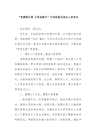 “党建强引领 乡贤助振兴”行动经验交流会上的发言