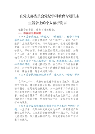在党支部委员会党纪学习教育专题民主生活会上的个人剖析发言