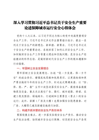 深入学习贯彻习近平总书记关于安全生产重要论述保障城市运行安全心得体会