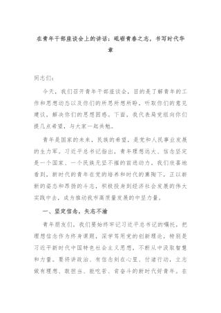 在青年干部座谈会上的讲话：砥砺青春之志，书写时代华章