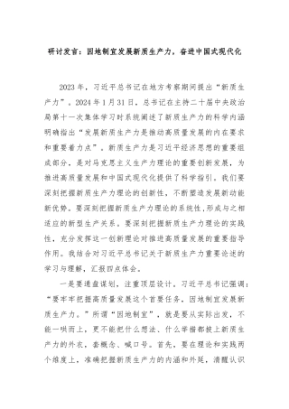研讨发言：因地制宜发展新质生产力，奋进中国式现代化