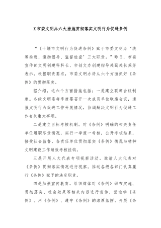 X市委文明办六大措施贯彻落实文明行为促进条例