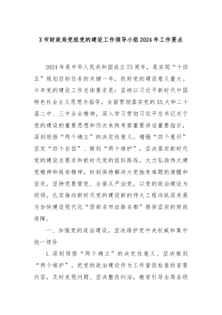 X市财政局党组党的建设工作领导小组2024年工作要点