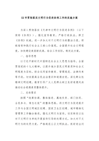 XX市贯彻落实文明行为促进条例工作的实施方案