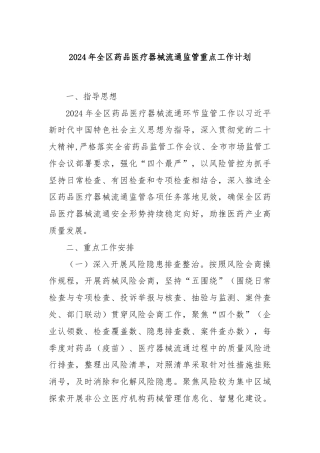2024年全区药品医疗器械流通监管重点工作计划