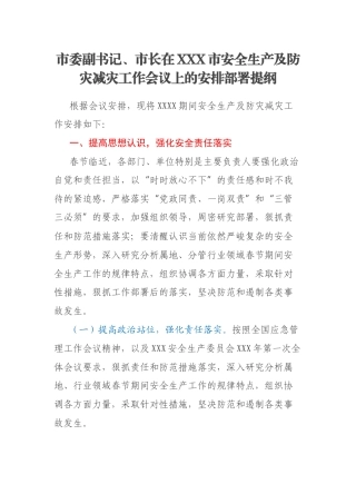 市委副书记、市长在XXX市安全生产及防灾减灾工作会议上的安排部署提纲