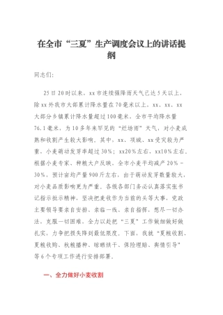 在全市“三夏”生产调度会议上的讲话提纲