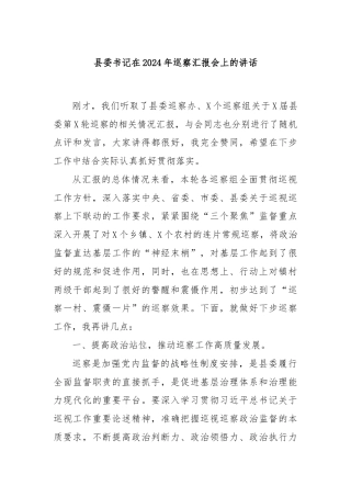 县委书记在2024年巡察汇报会上的讲话