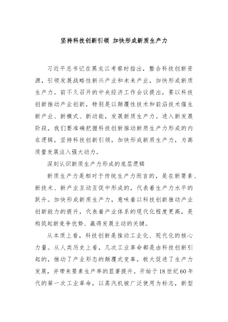 坚持科技创新引领 加快形成新质生产力
