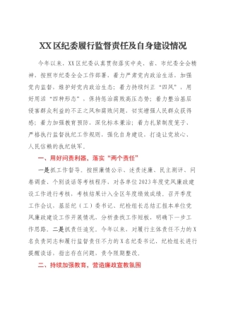 XX区纪委履行监督责任及自身建设情况