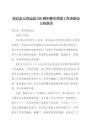 在纪念五四运动105周年暨共青团工作表彰会上的讲话