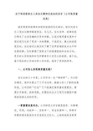 在干部进修班长三角会议精神交流会的发言（公司高质量发展）