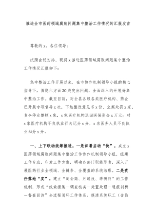 推进全市医药领域腐败问题集中整治工作情况的汇报发言