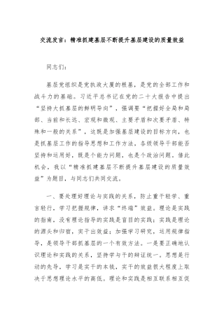 交流发言：精准抓建基层不断提升基层建设的质量效益