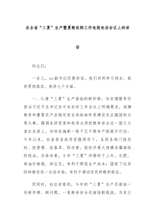 在全省“三夏”生产暨夏粮收购工作电视电话会议上的讲话