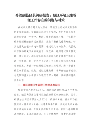 分管副县区长调研报告：城区环境卫生管理工作存在的问题与对策