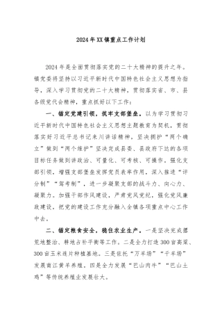 2024年XX镇重点工作计划