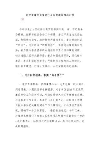 区纪委履行监督责任及自身建设情况汇报