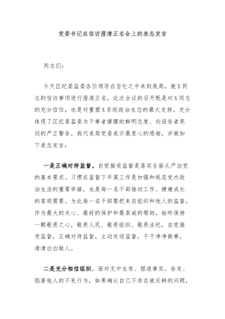 党委书记在信访澄清正名会上的表态发言