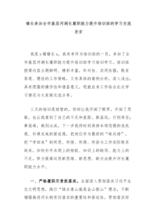 镇长参加全市基层河湖长履职能力提升培训班的学习交流发言