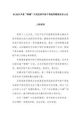 在2024年度“琢璞”计划优秀年轻干部挂职锻炼动员大会上的讲话