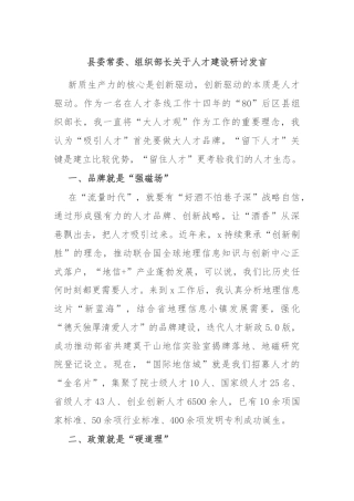 县委常委、组织部长关于人才建设研讨发言