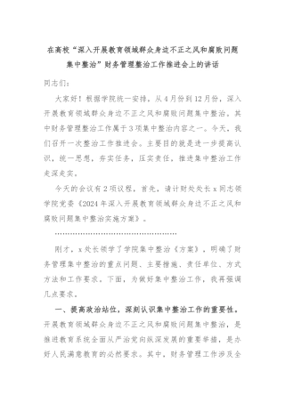 在高校“深入开展教育领域群众身边不正之风和腐败问题集中整治”财务管理整治工作推进会上的讲话