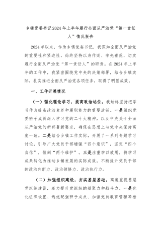乡镇党委书记2024年上半年履行全面从严治党“第一责任人”情况报告