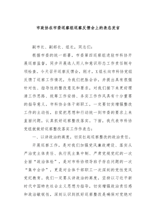 市政协在市委巡察组巡察反馈会上的表态发言